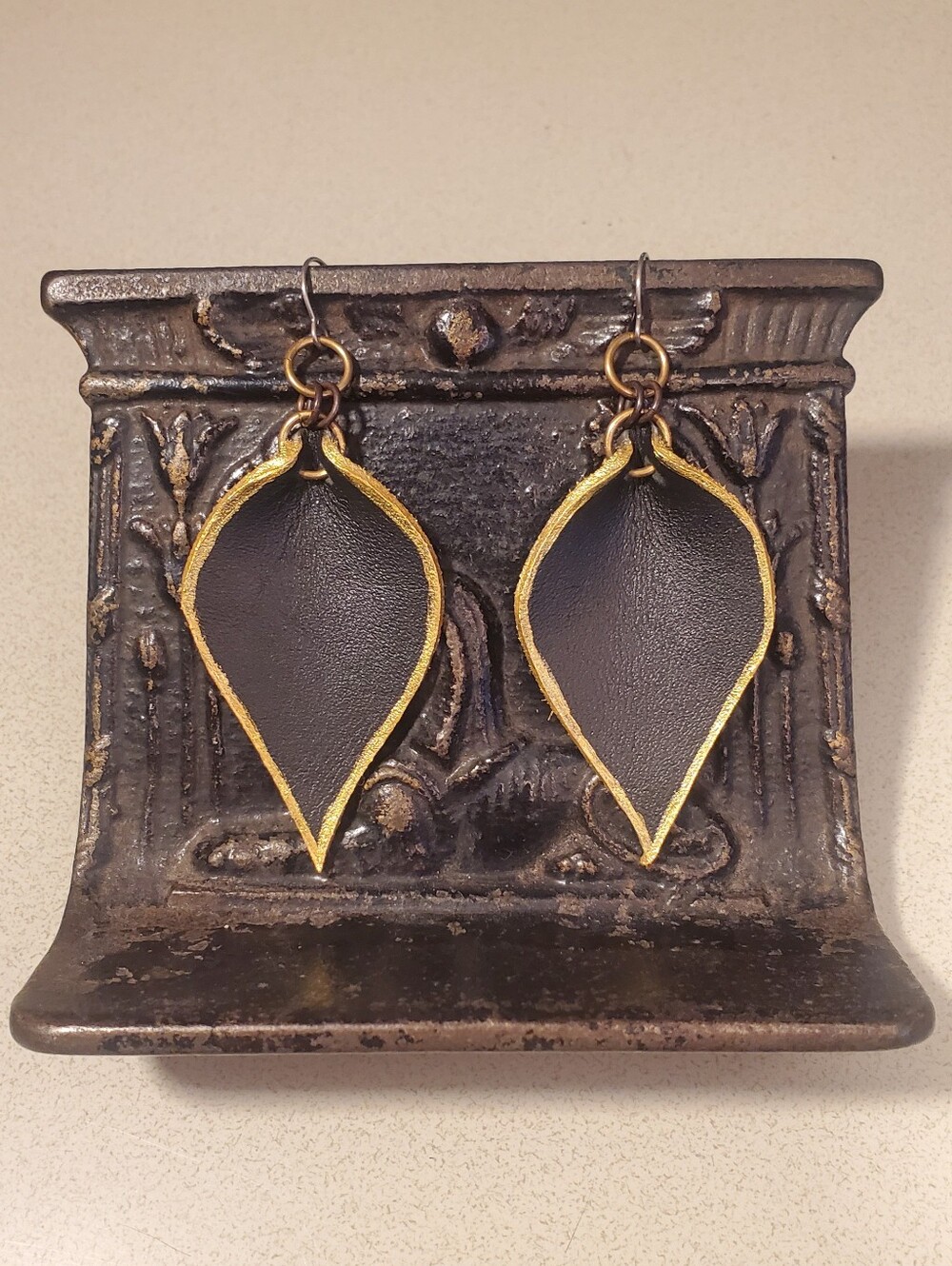 Black and Gold Leaf Leather Dangle Earrings